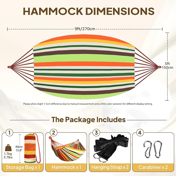 ANYOO Cotton Hammock Portable Camping Hammocks for Hanging Sturdy Garden Comfortable Fabric Hammock with Tree Straps Up to 660lbs with Travel Bag for Camping Outdoor/Indoor Patio Backyard