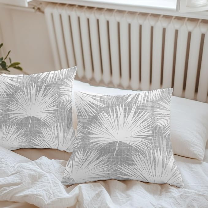 Throw Pillow Covers 24x24 Inch Set of 2, Grey Palm Leaves Coastal Waterproof Outdoor Pillow Covers, Summer Tropical Botanical Boho Decorative Cushion Pillowcases for Couch, Sofa, Bed, Garden, Patio