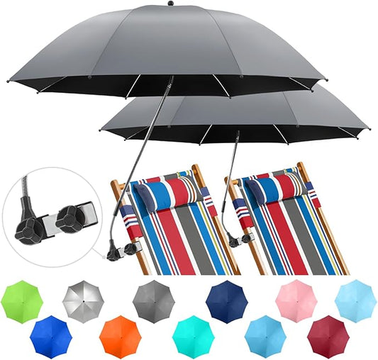 2 PACK Beach Umbrella with Clamp, 360 ° Adjustable Umbrellas for Chair, UPF50+ Umbrella for Beach Chair, Patio Chair, Wheelchair, Camping Chair, Golf Carts (Chair Not Included)