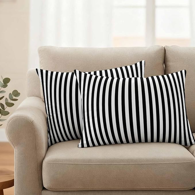 Lumbar Pillow Covers 20x12 Inch Set of 2, Black White Stripe Waterproof Outdoor Cushion Covers, Modern Minimalist Geometric Striped Decorative Pillowcases for Couch, Sofa, Bed, Garden, Patio
