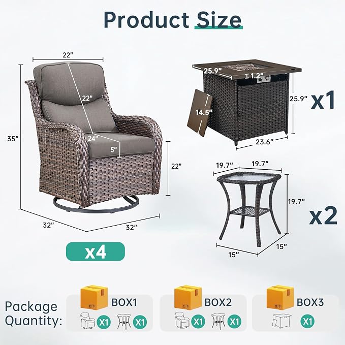 Outdoor Swivel Rocker Patio Chairs Set of 4 with Fire Table - 5" Thick Cushion 6 Piece Furniture Set with Fire Pit Table All Weather Wicker Conversation Set for Porch Deck - Brown/Gray