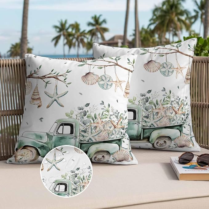 Sage Green Truck Outdoor Waterproof Throw Pillow Covers Set of 2, 18"x18", Ocean Starfish Shell Summer Leaf Decorative Pillow Covers Outside Cushion Case for Patio Porch Garden