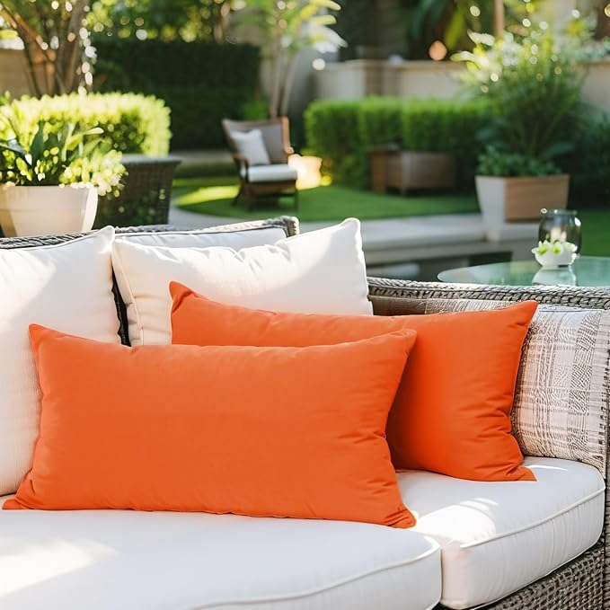 SK Studio Outdoor Water Resistant Throw Pillows, Decorative Patio Lumbar Cushions, Fluffy Furniture Garden Cushions for Home Patio Coach Sofa Use, Pack of 2, Orange, 24x24 Inch