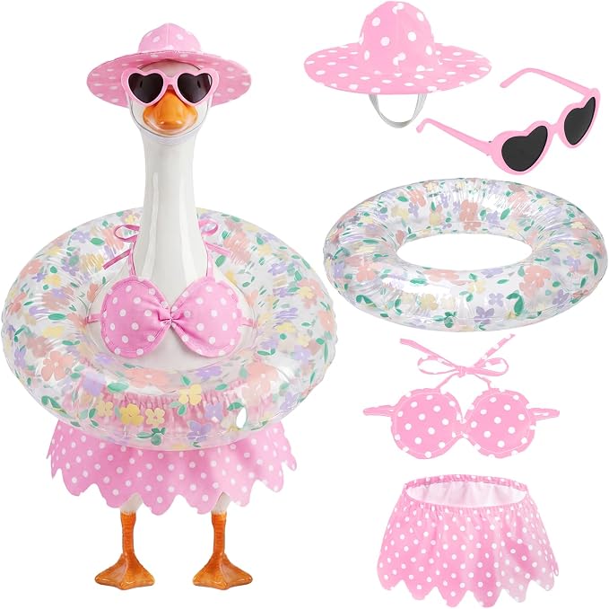 hoyuwak Bikini Goose Outfits Summer Hawaiian Porch Goose Outfits with Swimming Ring Sunglasses Hat for 23" Geese Yard Decor