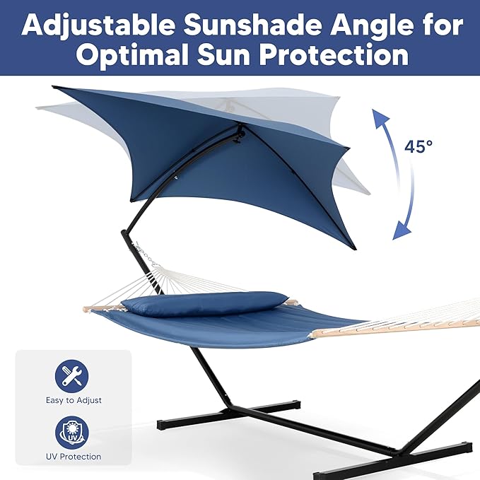 SUNCREAT Hammocks for Outside with Stand, Sunshade, Porch Hammock and Stand, 475 lbs Capacity, Patent Pending, Navy
