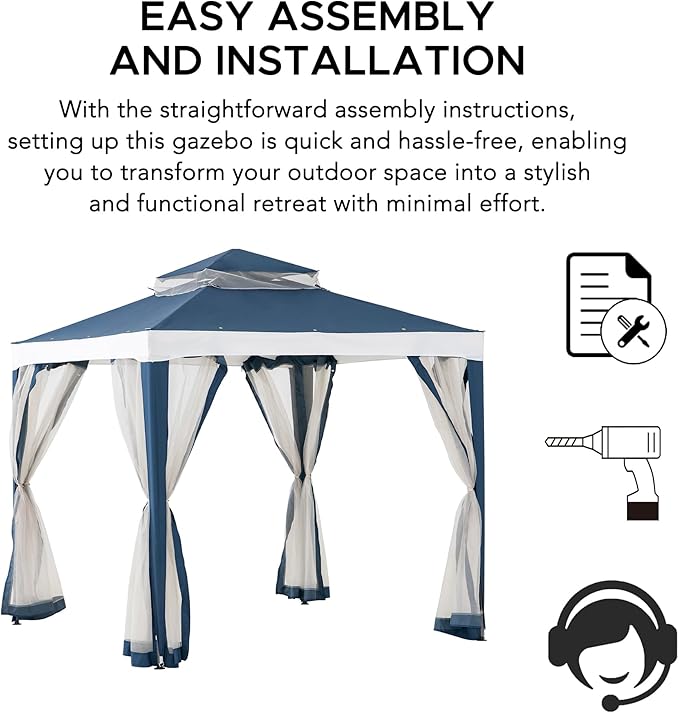 Sunjoy 8 x 8 ft. Soft Top Gazebo, Outdoor Patio Backyard Modern 2-Tier Steel Frame Gazebo with Mesh Netting - Navy Blue & White