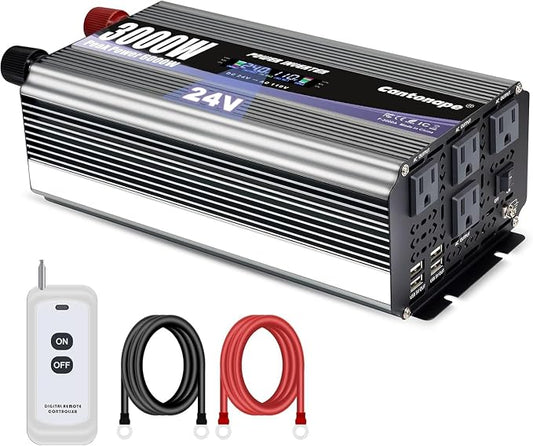 Cantonape 3000W Power Inverter 24V to 110V/120V DC to AC with LCD Display, Remote Controller and 4 x AC Outlets Car Adapter for Car Truck Boat RV Off Grid Solar System