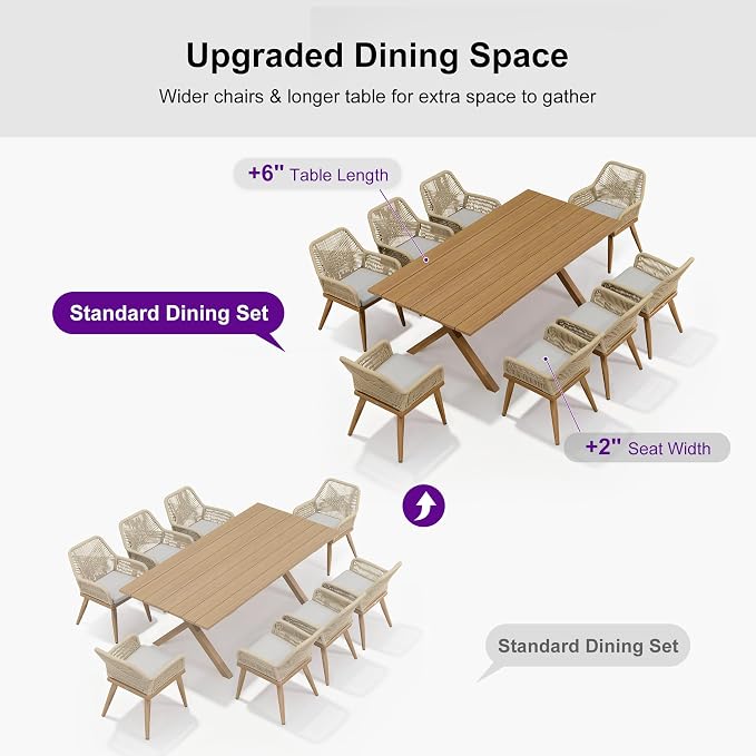 PURPLE LEAF 9 Pieces Outdoor Dining Set All-Weather PE Rattan Outdoor Patio Furniture Set with All Aluminum Frame Rectangular Table and Chairs Set for Lawn Garden Backyard Deck, Teak