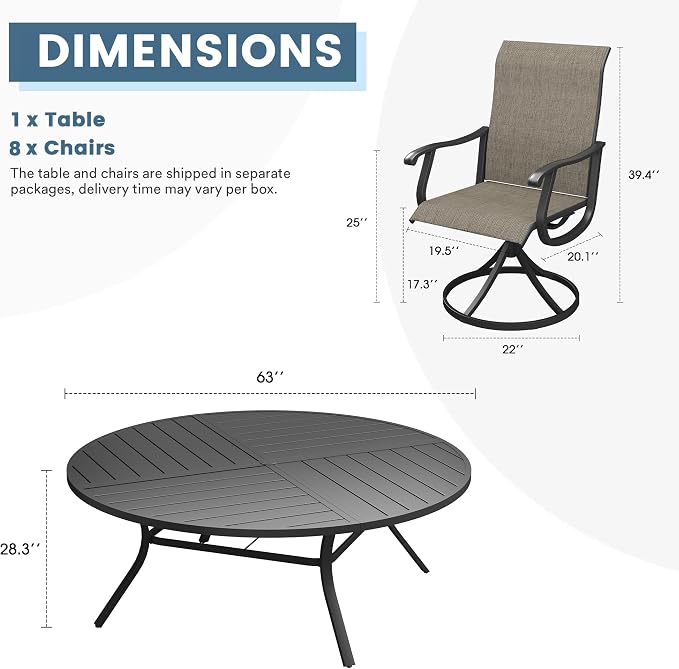 DIFY Patio Table and Chairs Set for 8, 9 Piece Outdoor Dining Set Includes 63" Black Round Metal Dining Table with Umbrella Hole and 8 Brown Textilene Swivel Patio Chairs, for Garden Backyard Deck