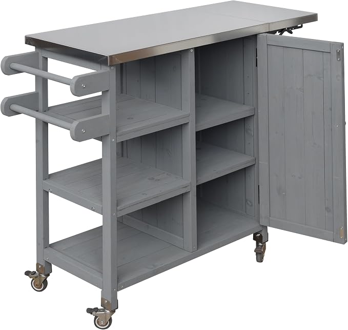 Fold-able Outdoor Storage Box with Stainless Steel Worktop, Fir Wood Patio Storage Cabinet with Lockable Wheels and Towel Rack, 40 Inch Deck Box for Grilling and Garden Tools, Grey