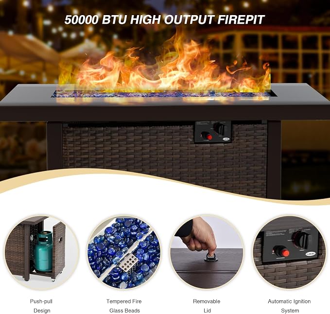 8 Piece Patio Furniture Set with Fire Pit Table, Outdoor Sectional Sofa PE Rattan, Patio Conversation Sets with Cushions for Garden Lawn Balcony Porch Deck Black