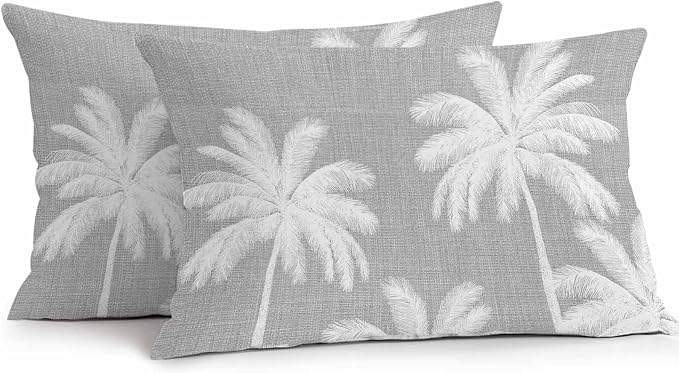 Lumbar Pillow Covers 20x12 Inch Set of 2, Grey Palm Trees Waterproof Outdoor Pillow Covers, Farmhouse Tropical Summer Beach Decorative Cushion Pillowcases for Couch, Sofa, Bed, Garden, Patio