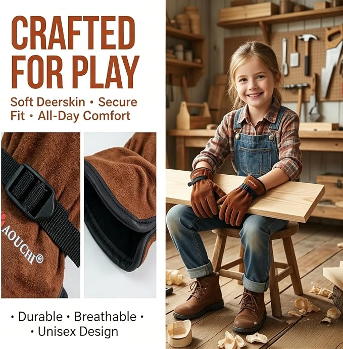 Kids Leather Work Gloves Age 2-15, Extra Soft Deerskin Suede (Brown, 6-8Y) | Flexible Breathable Lightweight Toddler Genuine Leather Gloves for Outdoor Activities, DIY, Planting, Hiking, Painting