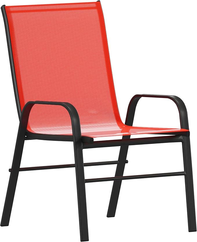 Merrick Lane Bardwell 5 Piece Outdoor Dining Table Set for 4 with Glass-Top Patio Table and 4 Stack Chairs with Flex Comfort Material in Red