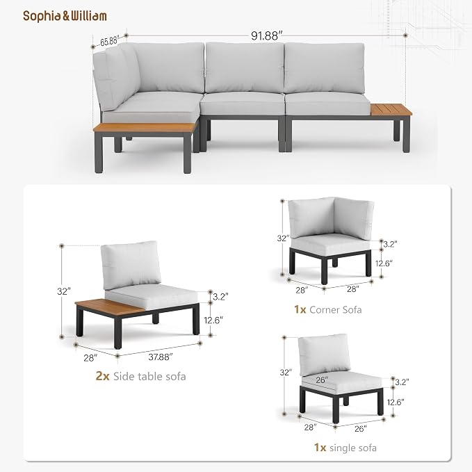 Sophia & William 4 Piece Metal Outdoor Sectional Sofa with Cushion, 4-seat Patio Furniture Set with Side Table, Modern L-Shape Outdoor Couch for Deck Garden Backyard