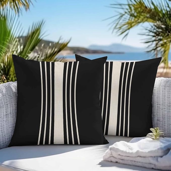 Vandarllin Outdoor Throw Pillows Covers 26x26 inch Set of 2 Waterproof Black Stripes Decorative Zippered Cushion Covers for Patio Furniture, Classic Striped Linen Lumbar Pillowcases