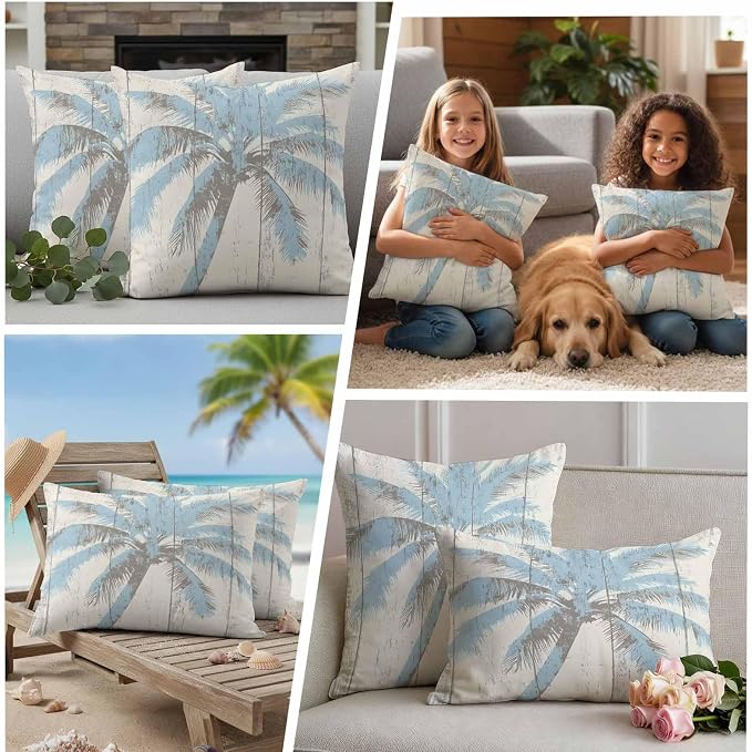 Palm Trees Outdoor Waterproof Throw Pillow Covers Set of 2, 20"x12", Light Blue Vintage Wood Grain Decorative Pillow Covers Outside Cushion Case for Patio Porch Garden