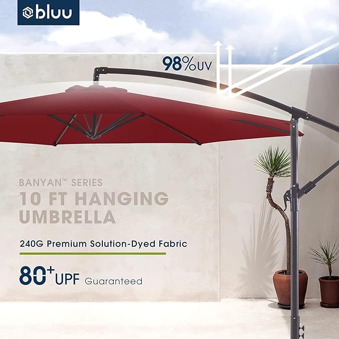 BLUU BANYAN 10 FT Patio Offset Umbrella Cantilever Hanging Umbrellas, 24 Month Fade Resistance & Water-repellent UV Protection, Crank & Cross Base (Burgundy, 10 FT WITH 600D COVER)