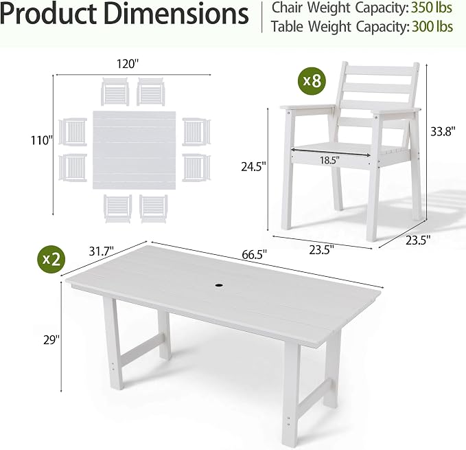 10-Piece Outdoor Dining Set, All-Weather HDPE Patio Furniture, Two 66.5" Slatted Table with 1.6" Umbrella Hole & 8 Ergonomic Armchairs, Heavy Duty 350lbs Capacity, UV Resistant, White