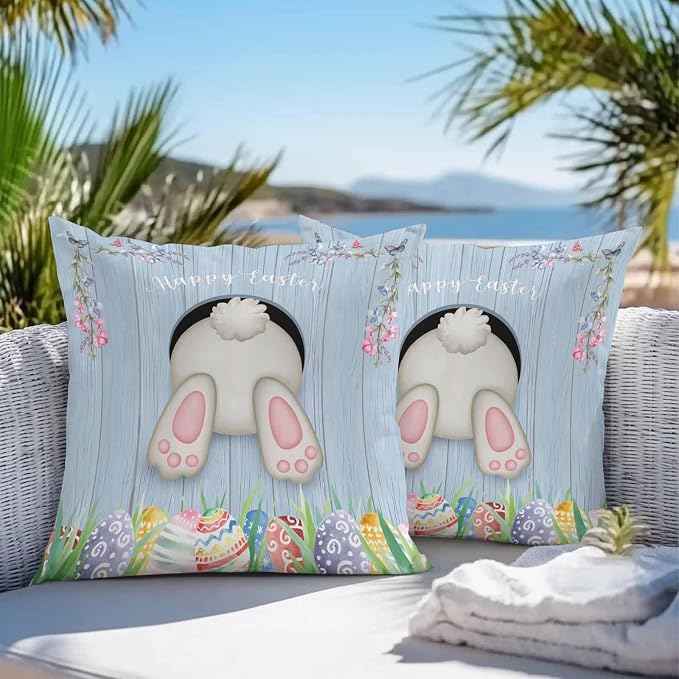 Vandarllin Outdoor Throw Pillows Covers 16X16 Set of 2 Waterproof Bunny Butt Easter Eggs Decorative Zippered Lumbar Cushion Covers for Patio Furniture, Spring Flower Wood Grain