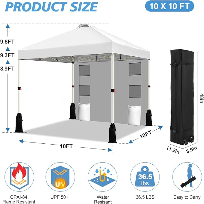 WEIZE 10x10 Pop Up Canopy Tent, 1-Button Push Setup Canopy Tent with 1 Sidewall, Adjustable Height Instant Portable Shelter, Portable Roller Bag,Easy Outdoor Sun Shade for Events,4 Weight Bags,White