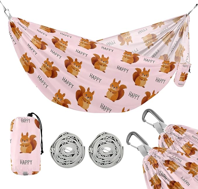 Camping Hammock Outdoor Hammocks for Outside Cute Squirrel Happy Beach Trees Portable Lightweight with Pockets Tree Straps Indoor