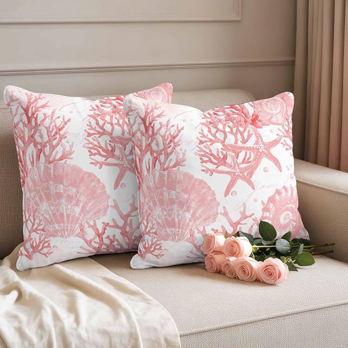 Pink Coral Waterproof Outdoor Pillow Covers Set of 2 Home Decor, Coastal Nautical Ocean Starfish Conch Pillowcase Patio Pillow Covers for Couch Bench Furniture Garden 24x24in