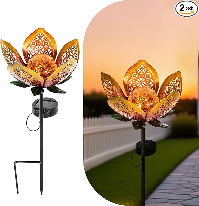 Solar Lights Outdoor Garden Decor,Solar Stake Lights, 2Pack Decorative Solar Garden Light, Metal Solar Sunflower Lights Lawn Lamp for Courtyard Decoration