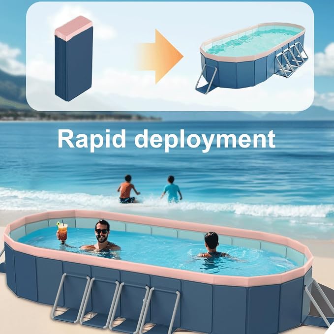 3.65m PVC Hard Sided Folding Pool 144"x98"x20", Aluminum Frame Family Outdoor Backyard Pool Dual Drainage Rounded Corners, Blue Gray
