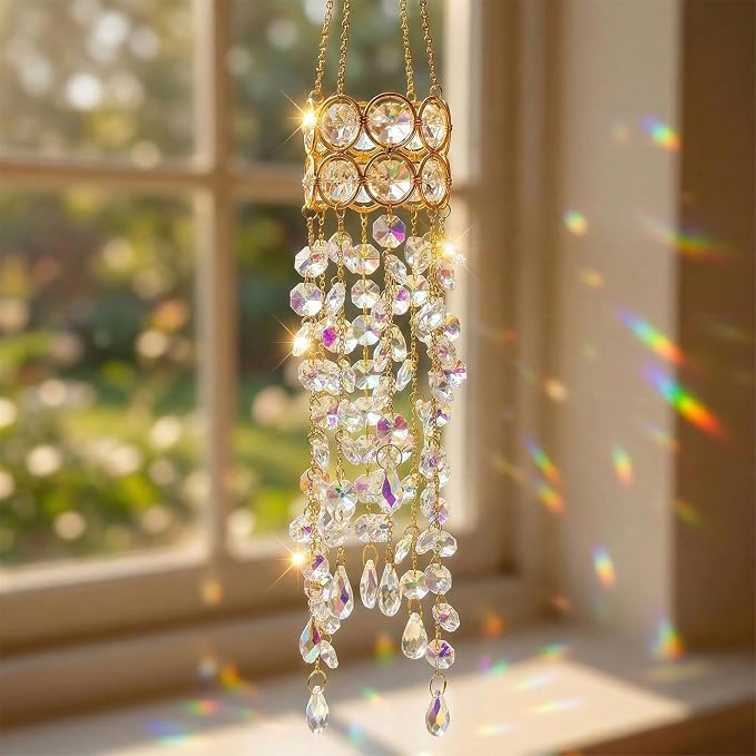 Crystal Suncatchers for Window Hanging Decor, Prism Rainbow Maker with Chain & Hook, Ornament for Ceiling, Garden, Home, Indoor & Outdoor Decoration, Transparent/Ab