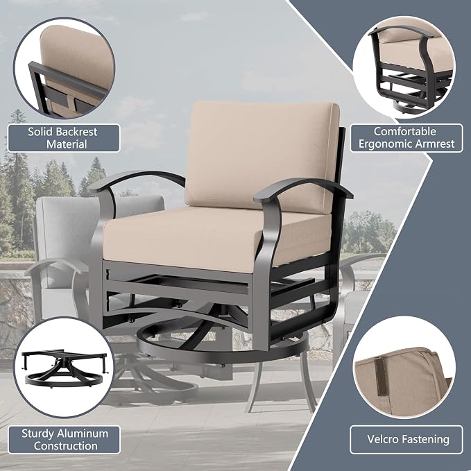 Aluminum Outdoor Patio Furniture Set,5 Seats Patio Conversation Sets with 2 Ottomans,Metal Patio Sectional Furniture Set with 2 Swivel Rocking Chairs, Sand