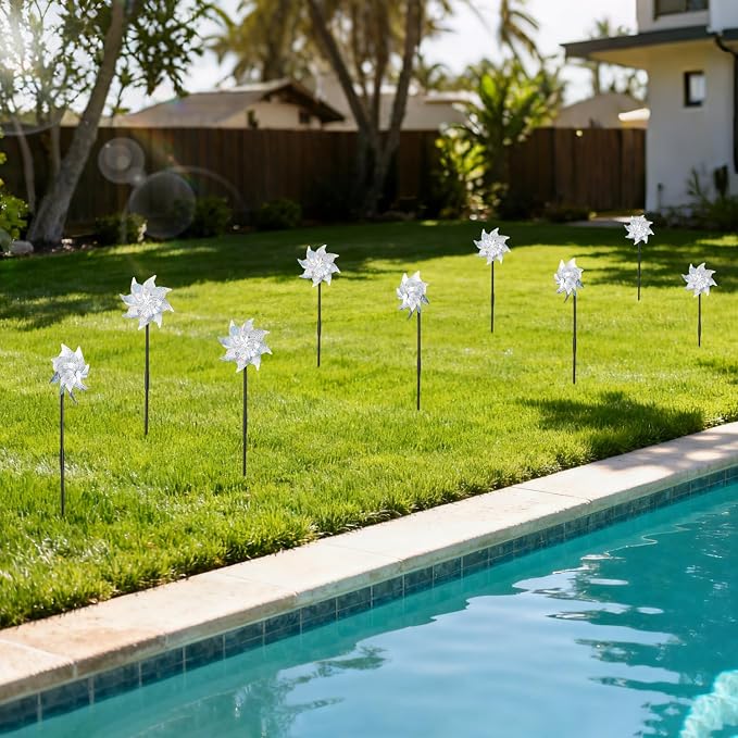 BATTIFE 10 Pack Reflective Pinwheels with Stakes, Pre-Installed Sparkly Silver Wind Spinner, Decorative Pin Wheel Bird and Animal Deterrent for Garden, Yard, Lawn