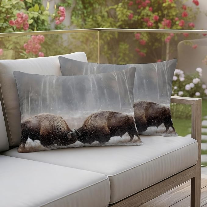 Fighting Bulls Outdoor Pillow Covers 20"x12" Set of 2, Landscape Powerful Animal Waterproof Throw Pillow Covers for Patio Furniture, Decorative Cushion Covers for Porch