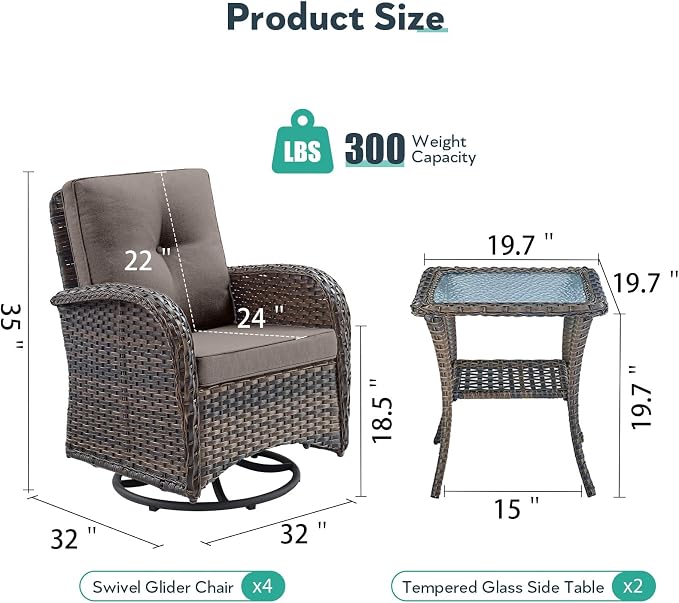 Outdoor Swivel Glider Rocker Chairs Set of 4 - Wicker Patio Furniture Set All Weather Patio Conversatio Sets with 2 Tempered Glass Side Table for Deck Backyard - Brown Wicker Grey Cushion