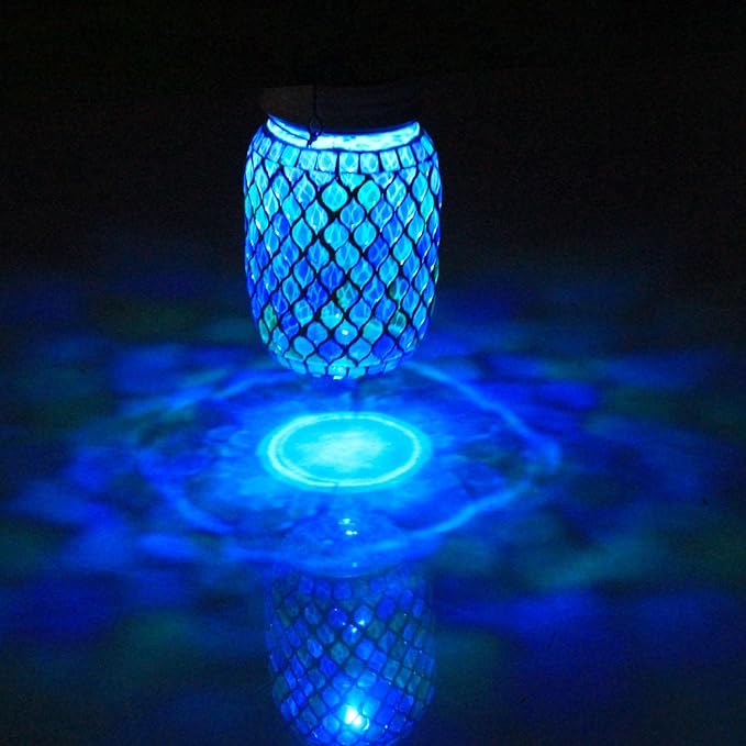 Solar Mosaic Lights - 12 Color Changing LED, 4 Lighting Modes with Remote Control, Handcrafted Glass Decor Lanterns, Hanging or Tabletop Decor for Garden (Bule)