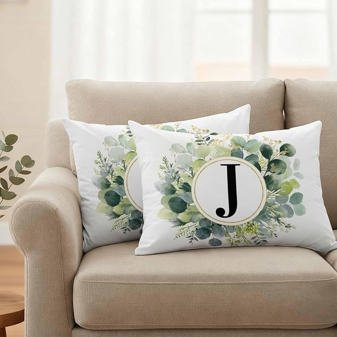 Letter J Waterproof Outdoor Pillow Covers Set of 2 Home Decor, Alphabet Green Eucalyptus Leaves Lumbar Pillowcase Patio Pillow Covers for Couch Bench Patio Furniture Garden 20x12in
