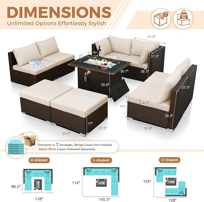 BULEXYARD 9 Piece Highback Patio Furniture Set with Fire Pit Table, Modern Modular Outdoor Sectional Couch Sofa with Ottoman, 8-Person Backyard Seating for Outside, Deck, Brown Wicker & Teal Cushion