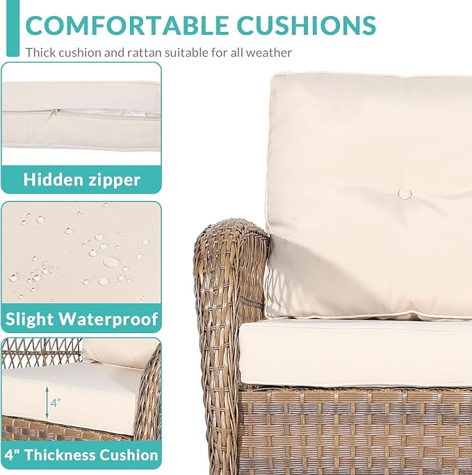 MEETWARM 7 Pieces Outdoor Patio Rattan Furniture Sets, All Weather Patio Wicker Conversation Set- 2 Rocking Chairs, 2 Swivel Chairs, 1 Loveseat Glider with Cushions, 2 Glass-Top Coffee Table, Beige