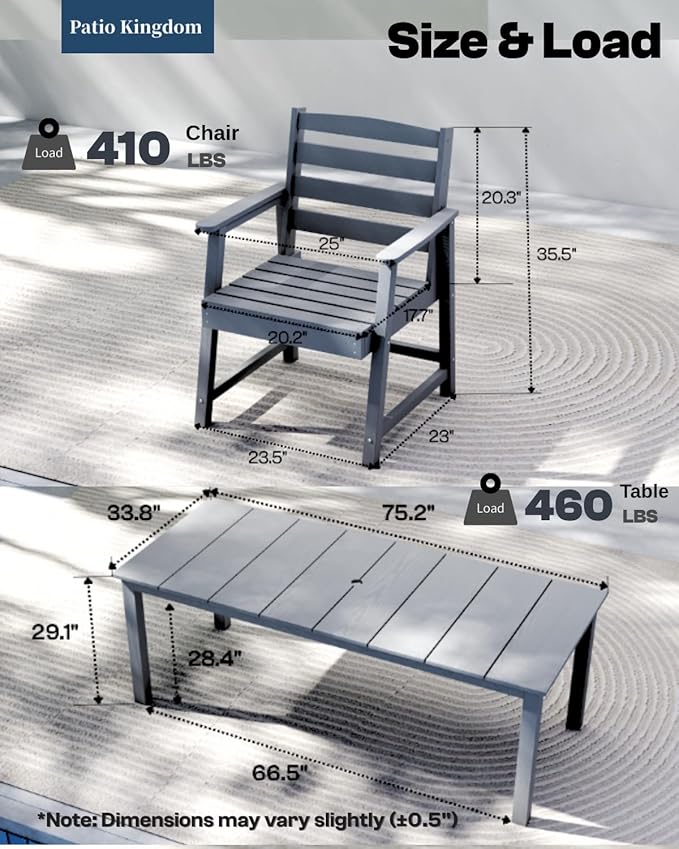 7-Piece Grey Outdoor Dining Set with White 15FT Large Patio Umbrella, 75.2'' HDPE Table & Chairs for 6, Weather-Resistant Furniture with Umbrella Hole for Patio, Lawn, Poolside