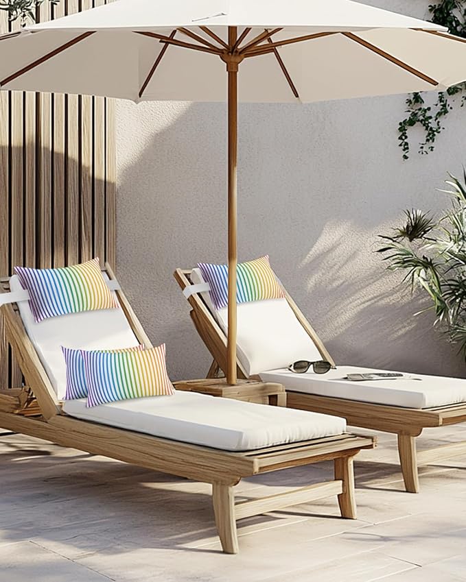 Pack of 2 Outdoor Lumbar Pillow Covers 12x20 Inch, Thin Rainbow Striped Waterproof Throw Pillow Covers Set, Farmhouse Modern Stripes Indoor&Outdoor Decorative Cushion Cases for Patio Porch Car
