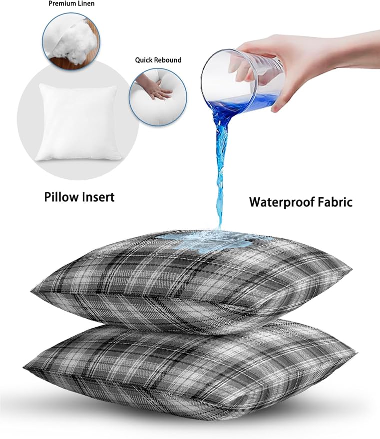 Waterproof Outdoor Pillow Set of 2 Gray Checked Plaid Decorative Throw Pillows Cover & Insert 16x16 Inch Pillowcase Stripes Woven Grid Square Pillows for Couch Sofa Bed Patio Furniture Indoor Outdoor