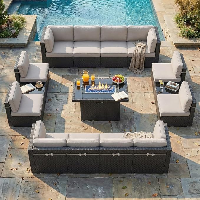 LayinSun 15 Piece Patio Furniture Set with Fire Pit Table, Outdoor Conversation Sets Wicker Rattan Sectional Sofa with Coffee Table