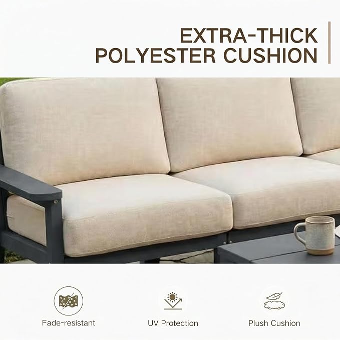 Kingdura HDPE Patio Furniture Set, 7 Piece Outdoor Sectional Sofa with Coffee Table & Side Table, All Weather Outdoor Couch Conversation Set with Washable Cushions for Backyard Poolside Balcony