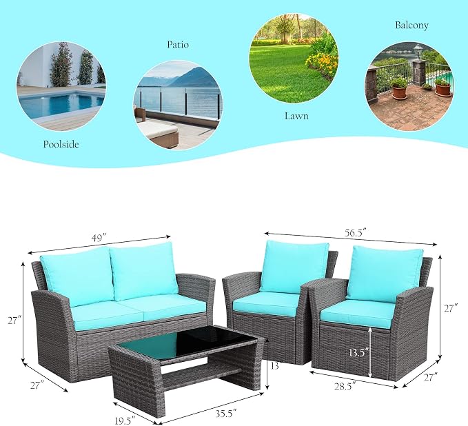 RELAX4LIFE 4 PCS Wicker Patio Furniture Set with Soft Cushions & Tempered Glass Table Outdoor Rattan Sofa Set for Backyard Garden Balcony Poolside Sectional Conversation Couch Set (Turquoise)