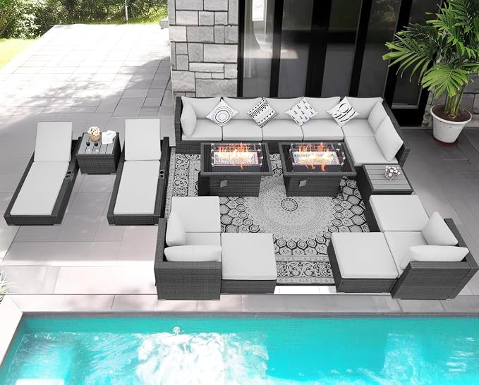 NICESOUL 18 Piece Extra Large Luxury Patio Furniture Set with Firepit, Outdoor Sectional w/Chaise Lounge, Comfy 29.3" High Back Couch Deep Seat, All-Weather Wicker Conversation Set, Light Gray