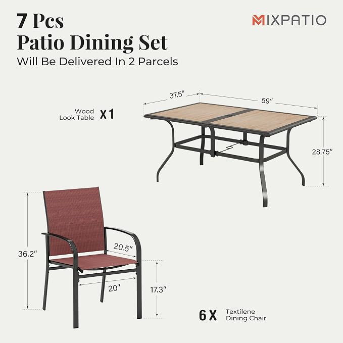 MIXPATIO 7 Pieces Patio Table and Chairs Set, Outdoor Dining Furniture Set for 6, 6 Red Textilene Chairs and 61" Wood-Like Table Top with Umbrella Hole, for Deck Backyard Lawn