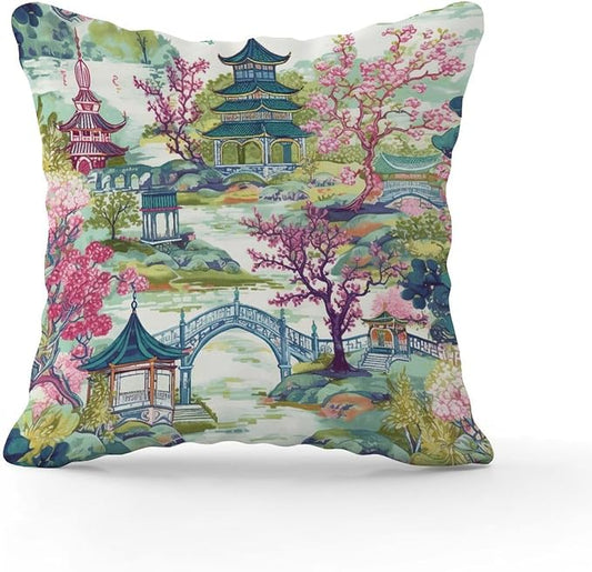 Throw Pillow Covers Chinoiserie Pagoda White Coral Blue Asian Pillows Retro Chinoiserie Chic Asian Pillow Cover Accent Outdoor Garden Decoration for Bedroom Sofa Bench Porch 18x18 in