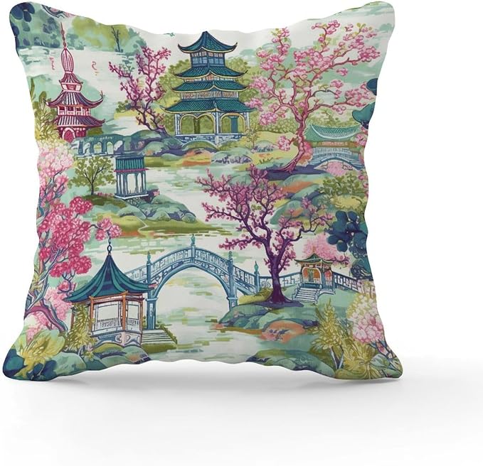 Cushion Cases Chinoiserie Pagoda White Coral Blue Asian Pillowcase Abstract Chinoiserie Chic Asian Pillow Cover Accent Decorative Cushion Covers Home Decor for Patio Garden Chairs 22x22 in