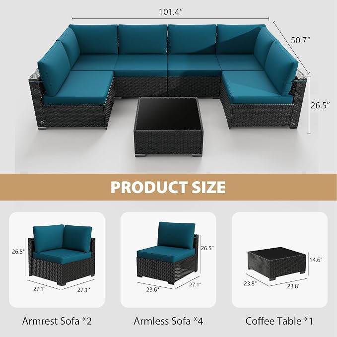 KIGOTY 7-Piece Patio Furniture Set, All-Weather PE Rattan Outdoor Sectional Sofa, Modular Wicker Conversation Set with Thick Cushions & Easy-Clean Coffee Table（Black/Blue）