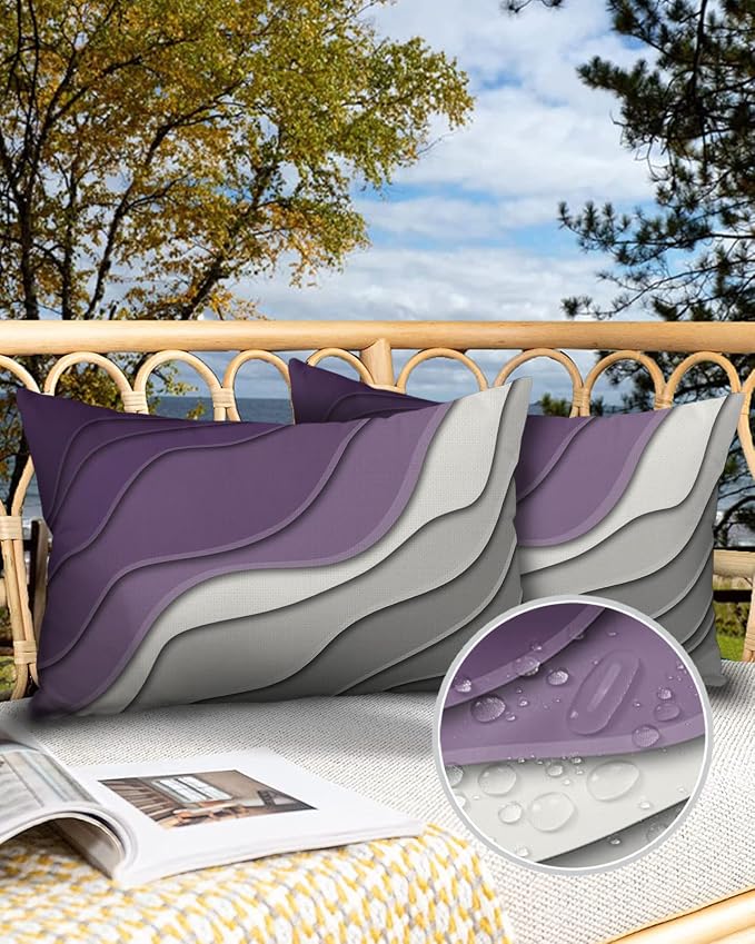 Funy Decor Waterproof Outdoor Throw Pillow Cover Purple Grey Modern Geometric Lumbar Pillowcases Set of 2 Abstract Beach Decorative Patio Furniture Pillows for Couch Garden 20x12 inch x 2pcs